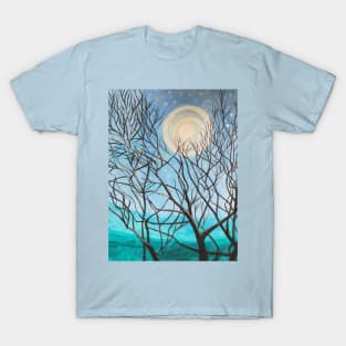 Winter moon landscape painting with trees T-Shirt